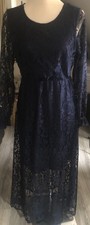 Women’s Navy Blue Long Sleeved Long Lace Dress Half Lined Size 10