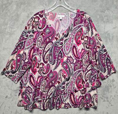 Susan Graver Top Womens 2X Pink Purple Paisley Stretch Tank Top Career Casual