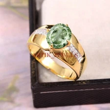 Natural Green Amethyst Gemstone Gold Plated 925 Sterling Silver Men's Ring #5276