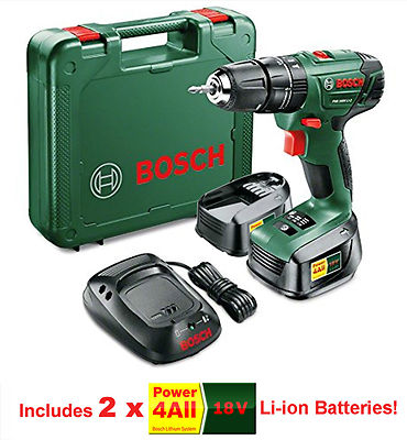 Bosch 18v Lithium-Ion Cordless Combi Drill 2 x Batteries + Charger PSB ...