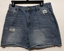 Shein Denim Jean Shorts Womens Sz 32 Blue Light Wash Cut Off Distressed Hi Rise