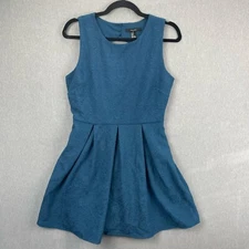 Forever 21 Dress Medium Floral Embroidered Teal Sleeveless Skater Cutout Back