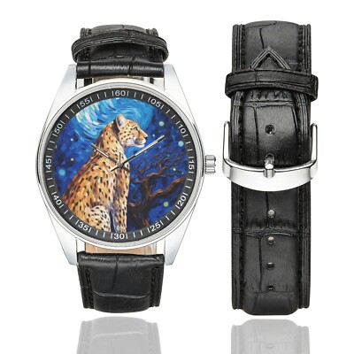 Sternennacht Gepard Uhr mit schwarzem Lederband für Erwachsene