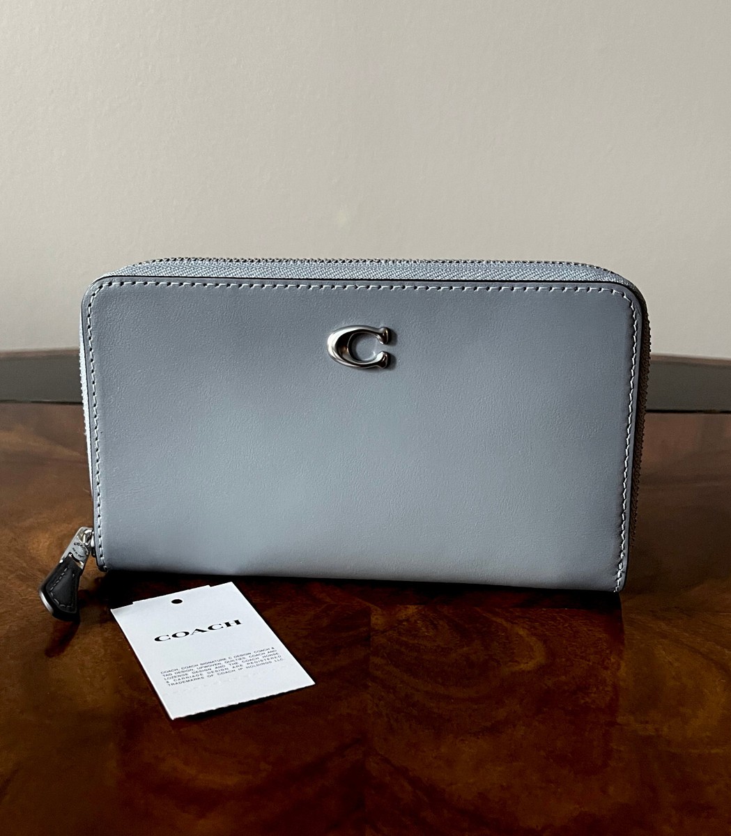 NWT Coach Grey Blue Burnish Leather Silver Hardware Medium Zip