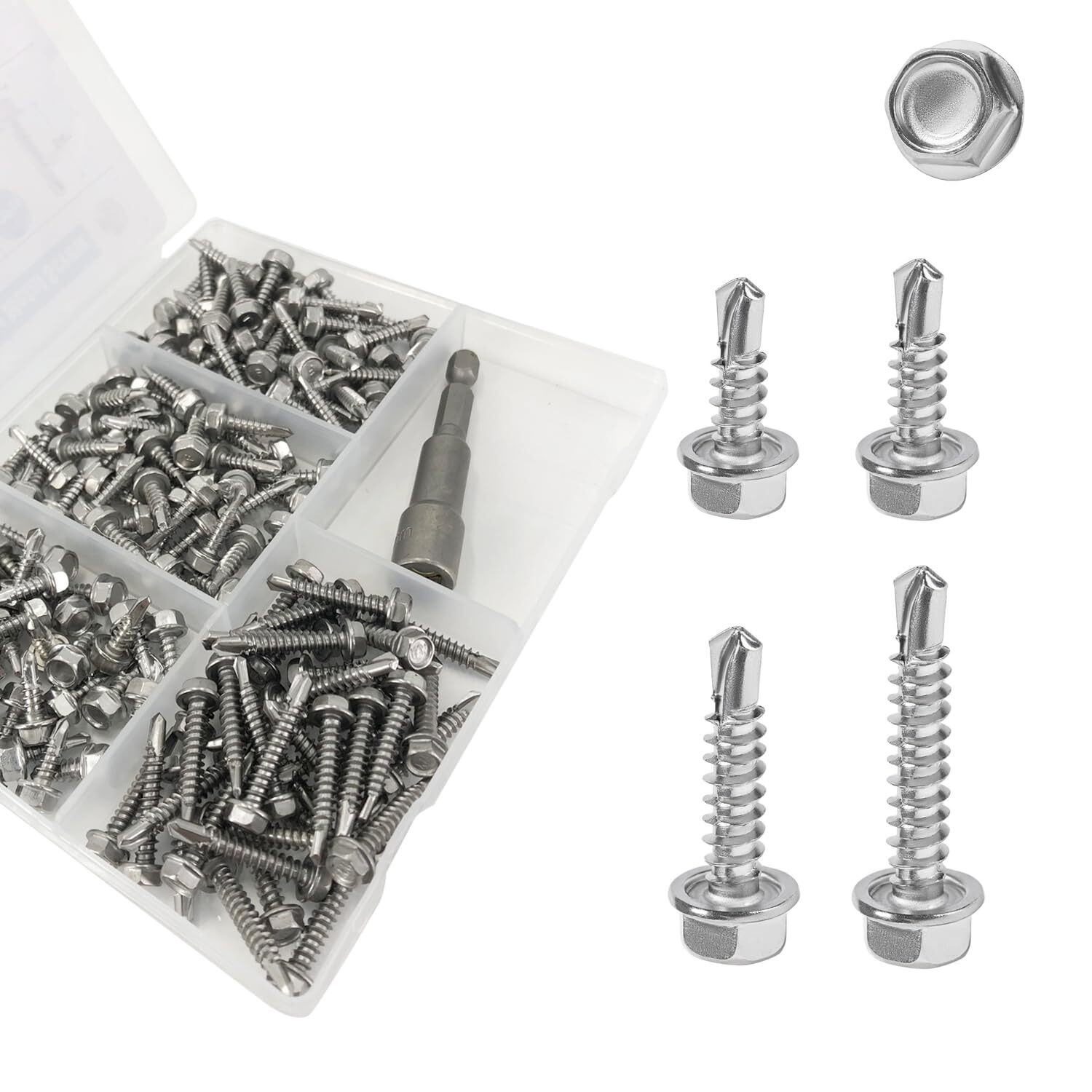 155PCS #8 Hex Washer Head Sheet Metal Screws 410 Stainless Steel Fasteners Kit