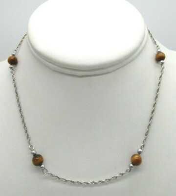 Zarte zierliche 925 Sterling Silber Station Tigerauge Perlen Halskette 15'' - 6 mm