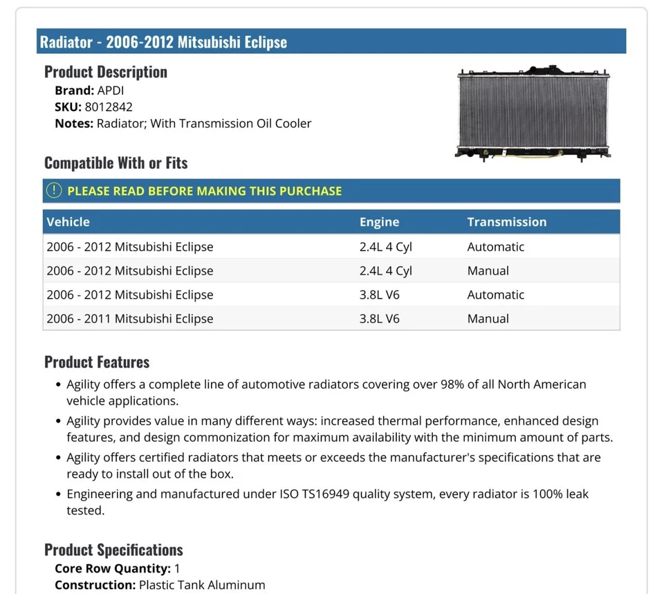 散热器适用于 2006 - 2012 年三菱 Eclipse APDI — 第 2/2 张图片
