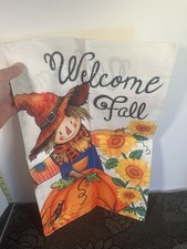 Welcome Fall Garden Flag Scarecrow Pumpkin Sunflowers Autumn Burlap 12x18