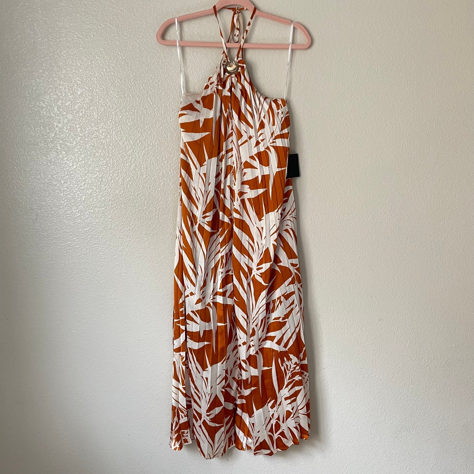 Lulus Dress Womens Small Orange Cream Kalena Maxi Halter Pleated Palm Tree Boho