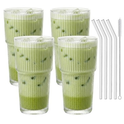 4er Set Geriffelte Trinkgläser 550ml Iced Matcha Latte Gläser Macchiato Wasser