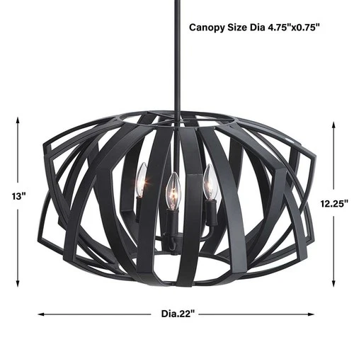UTTERMOST 22137 THALES MATTE BLACK GEOMETRIC 3 LIGHT MID CENTURY MODERN PENDANT - Picture 3 of 5