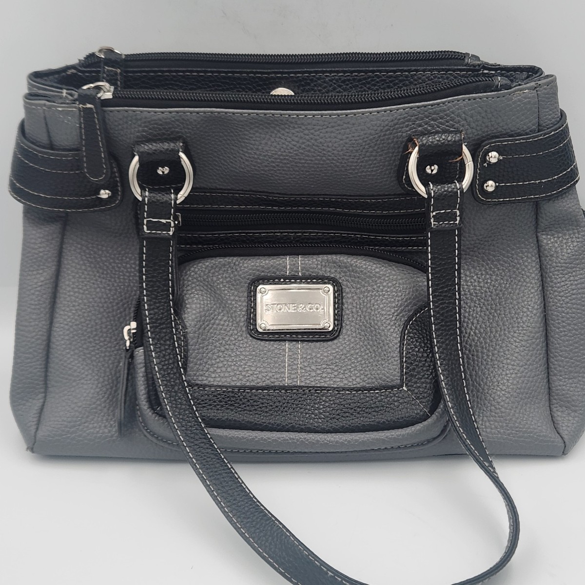 Stone Co Black Gray Shoulder Handbag Faux Leather Double Strap