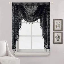 AiDamai Black Beaded Lace Waterfall Valance for Small Window Semi Sheer Swag ...