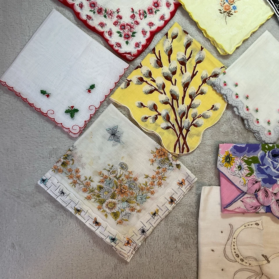 Vintage Handkerchief Hanky Lot 13 Floral Prints Cotton Christmas Pink Purple - Image 3 of 4