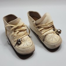 Vintage Pair White Leather Baby Booties Vented Toe Tiny Bell Approx 4IN Infant