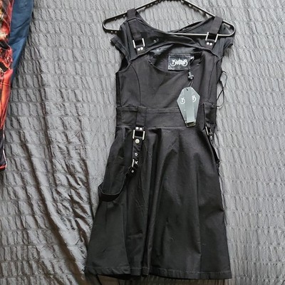 Killstar XS Black Mesh A-Line Dress with Buckle Straps, Gothic Short Sleeve