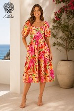 Vince Camuto Floral Puff-Sleeve Sz 12 Midi Dress Pink Multi Cotton Square Neck T