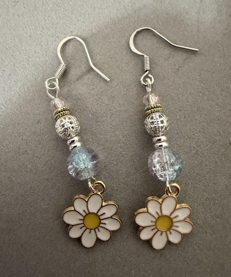 Daisy Flower Dangle/Drop Hook Earrings Blue Round Glass Beads Silver Plated