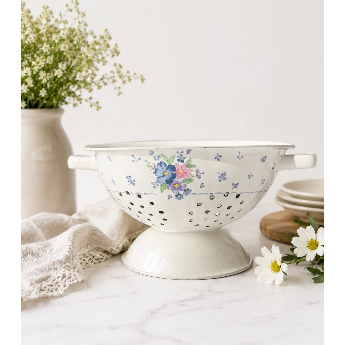 Vintage Floral Enamelware Metal Colander Footed Strainer
