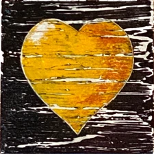 Acrylic Abstracted Yellow/Black Hrt Original Painting On Panel 6 X 6 X 1-1/2 in.