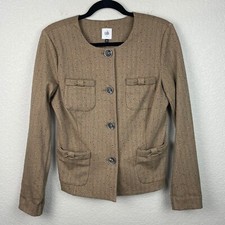 CAbi Blazer Womens Small Tan Chevron Button Front Bow Pockets Quiet Luxury
