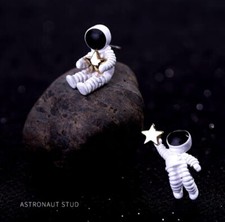 Womens Asymmetrical White Spaceman Astronauts Stars S925 Silver Stud Earrings