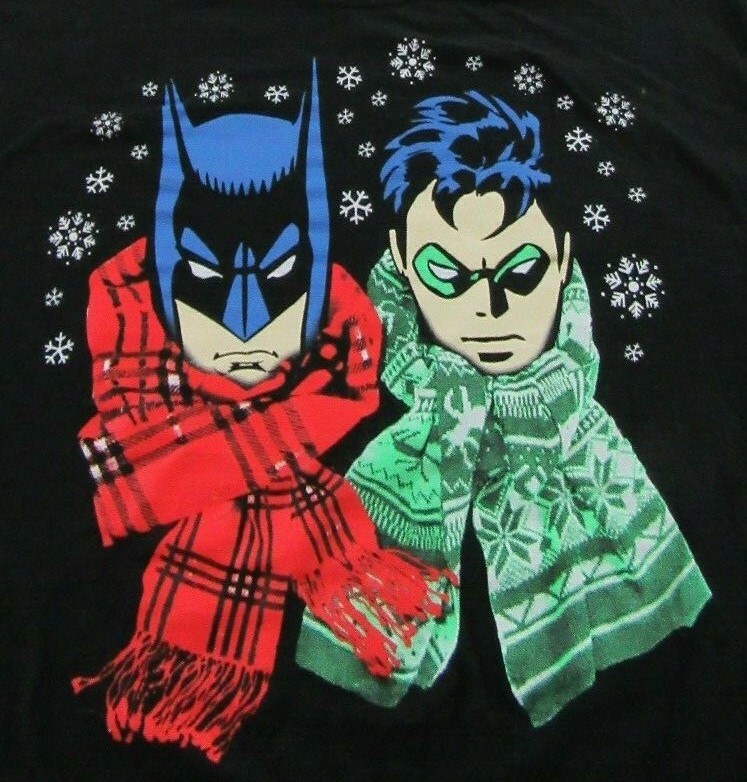 DC Comics BATMAN & ROBIN Winter Scarves Snowflakes Black T Shirt