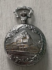 Watch-it Quartz Pocket Watch Locomotive Steam Train Silver Tone MLN3212