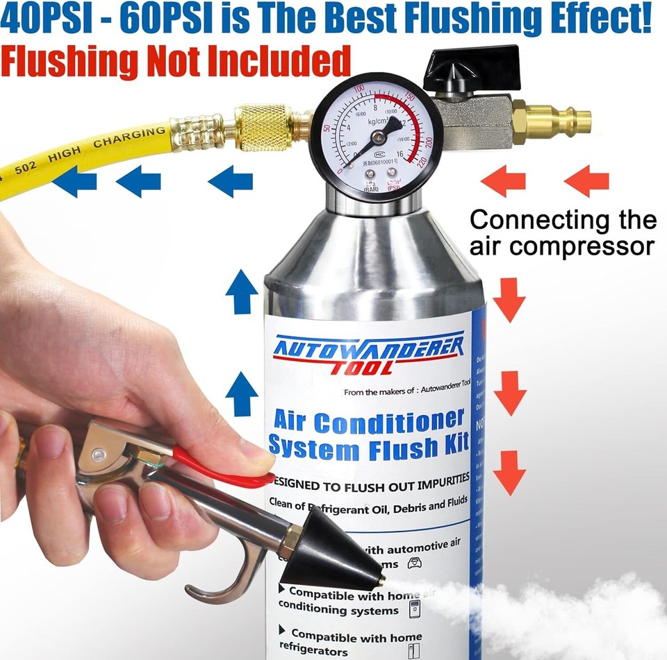 AC Flush Kit Air Conditioner System Flush Canister Gun Set for Clean A