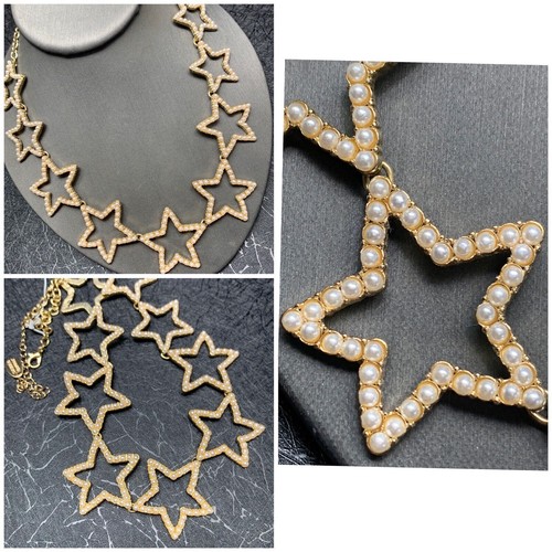 Signed Stella & Ruby Gold Open Lucky Star Imitation Micro Pearl Necklace 20”