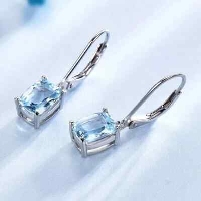 3 CT Cushion Cut Aquamarine Drop Dangle Leverback Earrings 14K White Gold Finish
