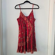 Xhilaration Women Orange Rust Floral Faux Wrap Dress Sz M Spaghetti Strap Ruffle