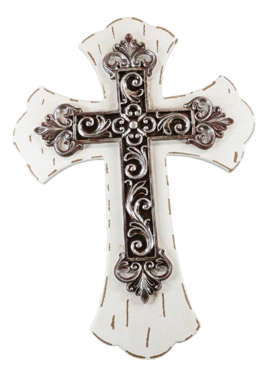 Rustic Southwestern Tuscany French Lily Fleur De Lis Antiqued White Wall Cross