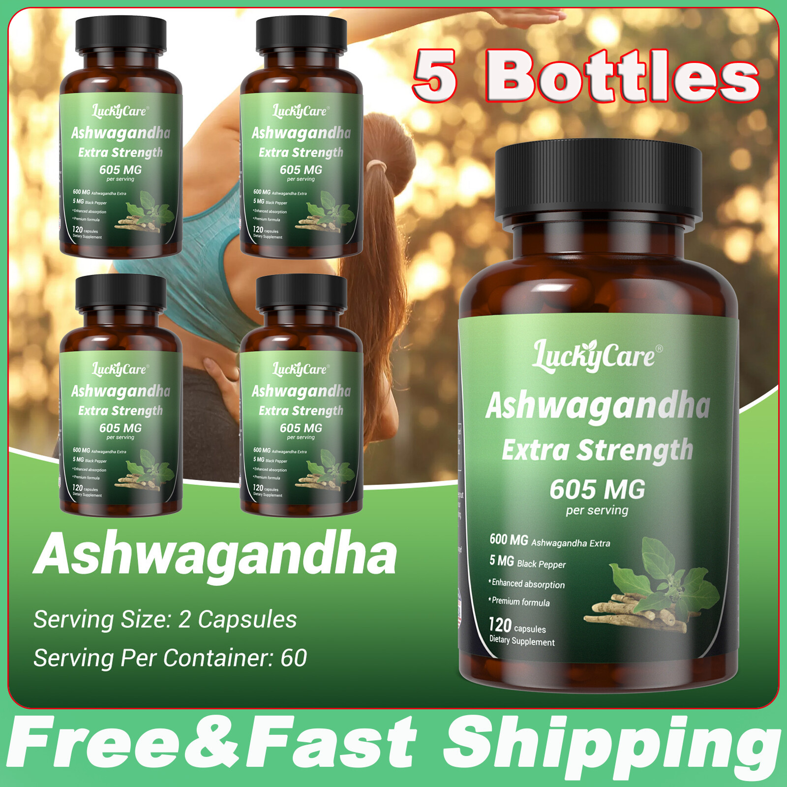 5PCS Organic Ashwagandha Capsules Supplement w/ Black Pepper Root Powder Extract