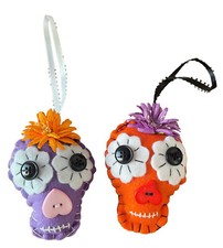 Dia de los Muertos Handmade Felt Ornament Embroidery Set of two Purple  Orange