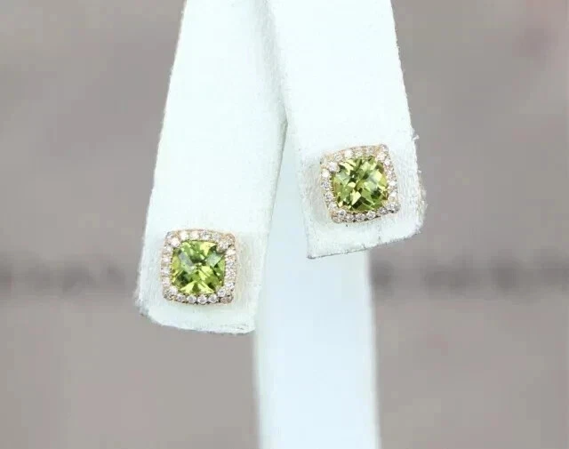 2.10Ct Cushion Cut Lab Created Peridot Halo Stud Earrings 14K Yellow Gold Plated - Image 2 of 4