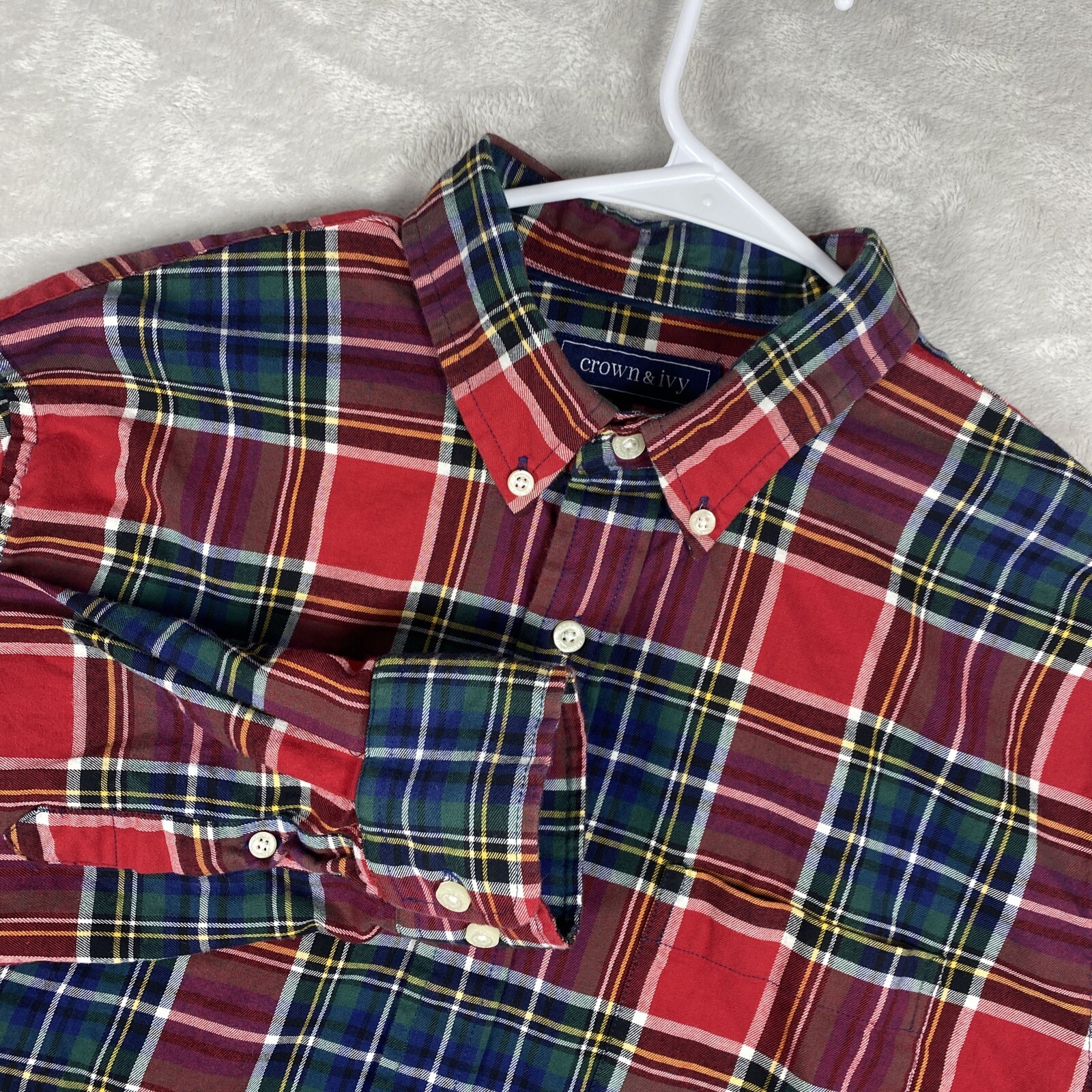 Men's Crown & Ivy Red Green Plaid Long Sleeve Shirt Sz Medium EUC