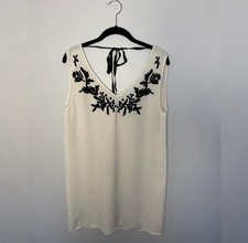 Ulla Johnson Ivory Black Embroidered Sleeveless Shift Dress V-Neck Tie Size 6