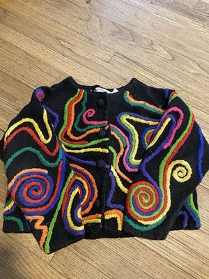 VINTAGE MULTICOLORED CARDIGAN MICHAEL SIMON HEAVY EMBROIDERY AND SPIRAL DESIGN