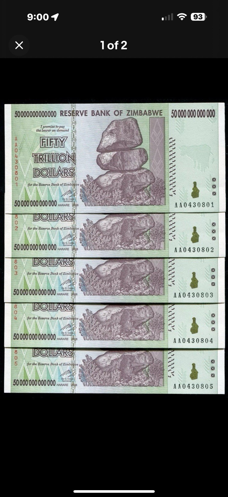 2008 50 TRILLION DOLLARS ZIMBABWE BANKNOTE, AA P-90 GEM UNC