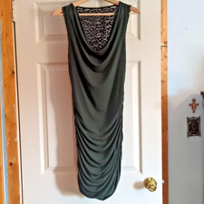 Y2K Express Green Med Dress Black Crochet Mesh Forest Green Ruched Draped Neck