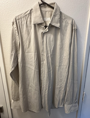 Prada Men's Beige Solid Dress Shirt Virgin Wool 17 34/35 Classic Long Sleeve