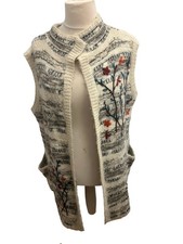 Fluffy Knit Long Open Waistcoat Size 18 Floral Embroidered Boho Sleeveless 