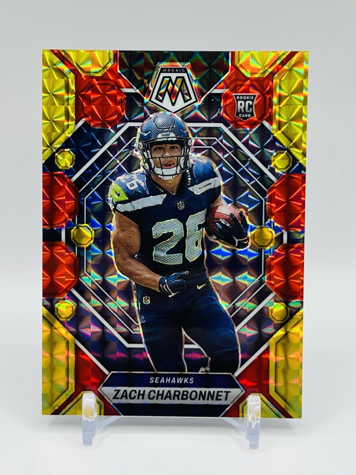Zach Charbonnet 2023 Panini Mosaic Red Yellow Choice RC /80 Fusion Prizm #379