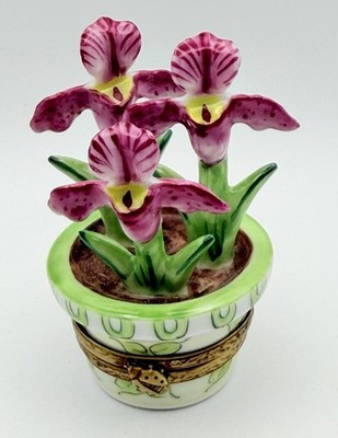 Limoges France Peint Main Trinket Box Orchids Flower Pot Hand Painted