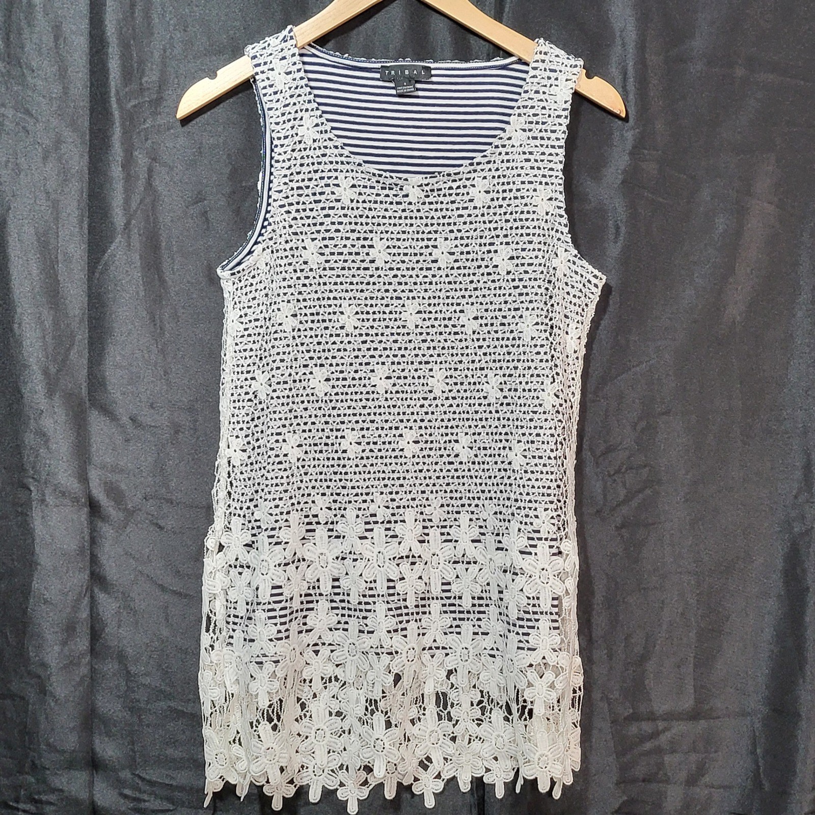 Tribal Womens Crochet Lace Striped Sleeveless Tunic Top White Navy Blue