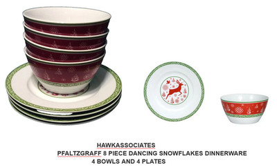 Pfaltzgraff Christmas Dinnerware Dancing Snowflakes & Deer 4 Lunch Plate 4 Bowl