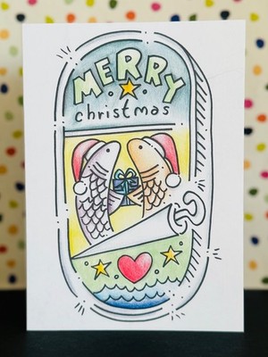 Frohe Weihnachten Sardinen in Dose Herz und Sterne Illustration Grußkarte