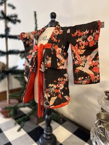 2400🌟Vintage Antique c1800s Red &Black Crepe SILK 15” Baby Doll KIMONO Robe Pad