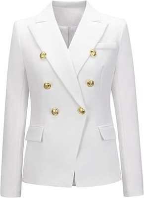 Unbranded Women's Blazer Solid Double Breasted Suit Jacket - White - M - Defect
